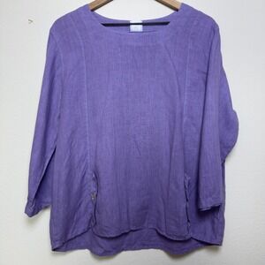 Color Me Cotton Women 100% Linen Tunic Top Large Purple Lagenlook Buttons